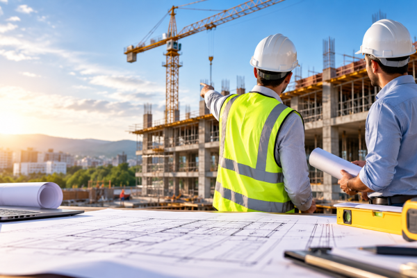 Ingenieros revisando planos en obra