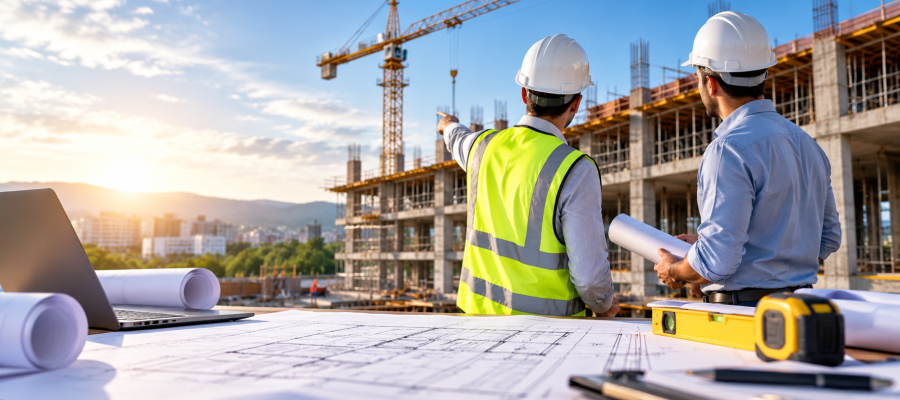 Ingenieros revisando planos en obra
